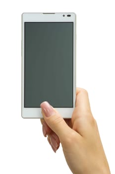 Hand holding big touchscreen smart phone