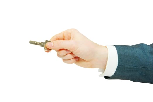 hand holds a key isolated on white