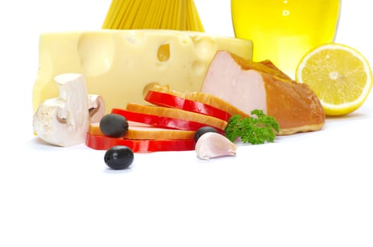 Ingredients for cooking italian pasta over white