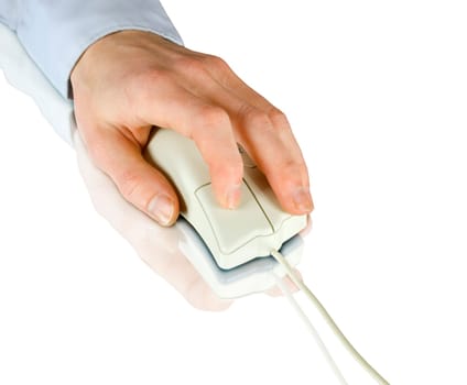 White computer mouse and hand on white