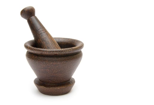 Handmade wooden mortar isolated on white background