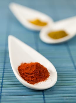 dried spices in porcelain bowls on a blue background