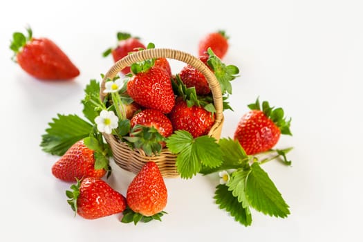 Fresh strawberries in a small basket with green leaves on a white background