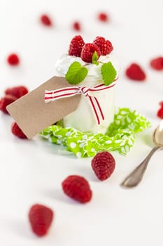 Fresh yoghurt with raspberries in a glass insulated on a white background