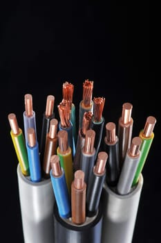 Macro detail of various stripped power cables
