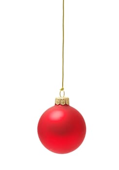 Christmas ball hanging with ribbons on white background