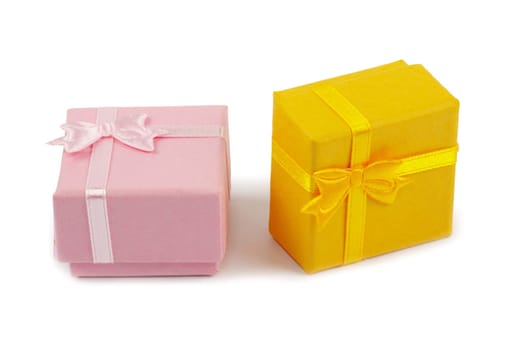 Christmas box gifts with satin bow isolated on white background