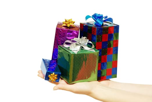 christmas gift in hands isolated on white