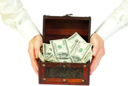 old  box with money inside on white