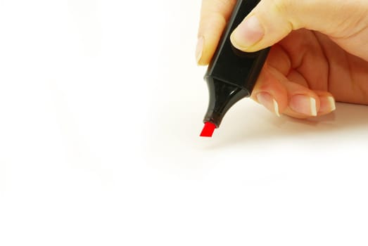 Hand with marker isolated on white background