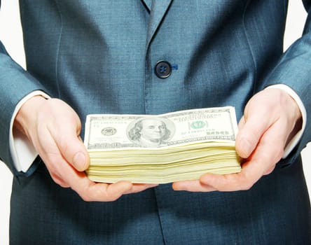 Hand with money isolated on white background