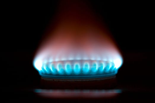 Blue flames of gas stove in the dark