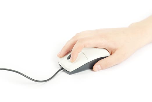 black computer mouse and hand