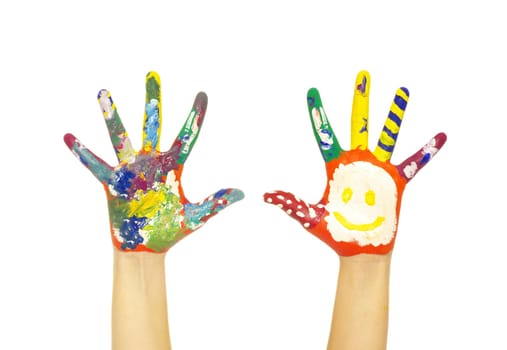 hands painted in colorful paints on white
