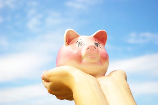 saving money  woman hands holding piggy bank