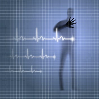 Mysterious medical background with human silhouette and cardiogram line