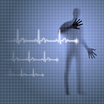 Luminous medical background with human silhouette and cardiogram line