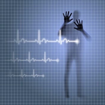 Blurred medical background with human silhouette and cardiogram line