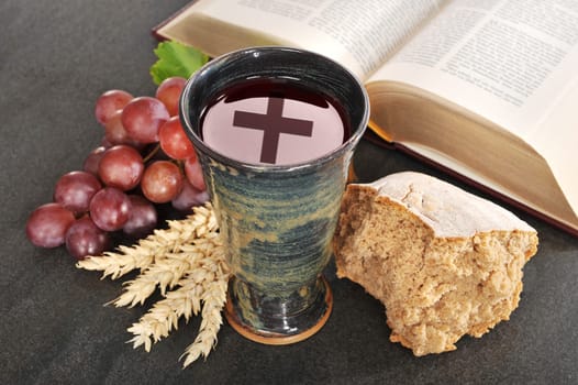 Bread,wine and the Bible for the sacrament or communion