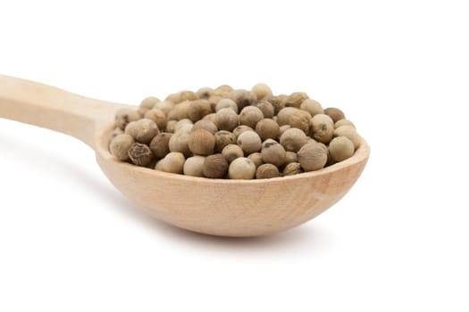 white peppercorns in wooden spoon
