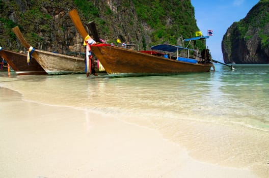 Tropical beach, longtail boats, Andaman Sea, Thailand