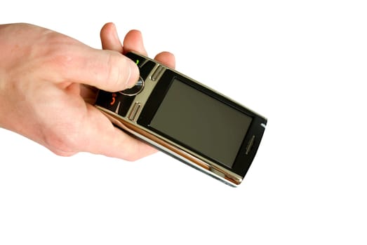hands with mobile on white