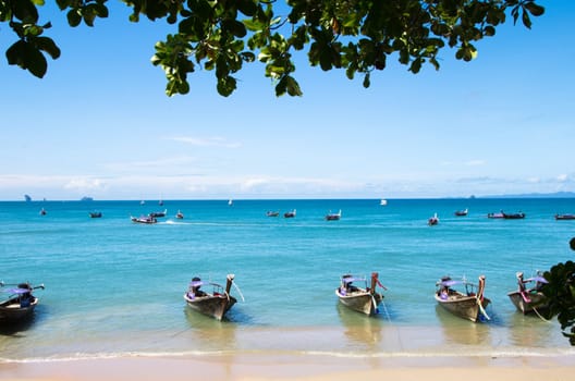 Tropical beach, longtail boats, Andaman Sea, Thailand