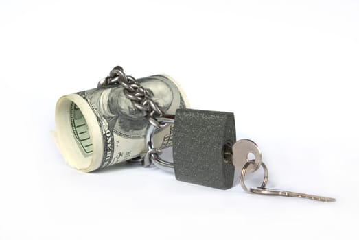 Dollars locked a chain on a white background
