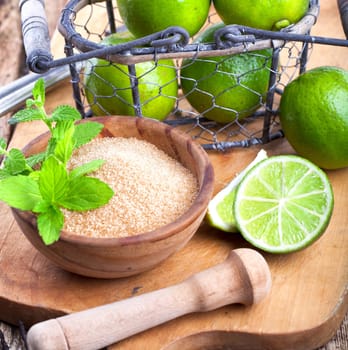 Limes,cane sugar and mint