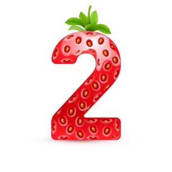 Number two in strawberry style with green leaves