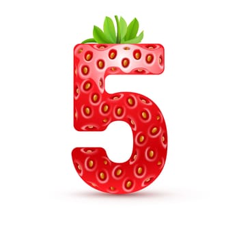 Number five in strawberry style with green leaves