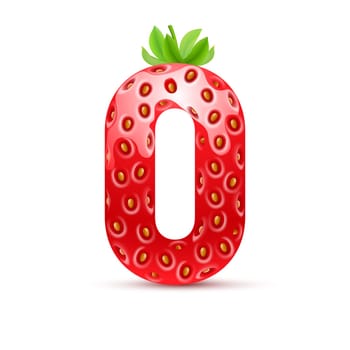 Zero number in strawberry style with green leaves