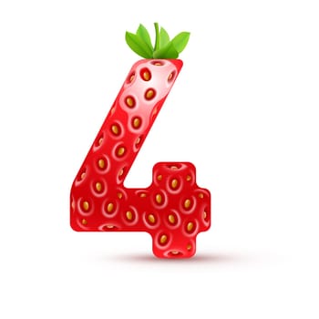 Number four in strawberry style with green leaves