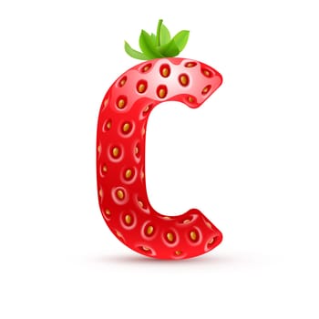 Letter C in strawberry style with green leaves