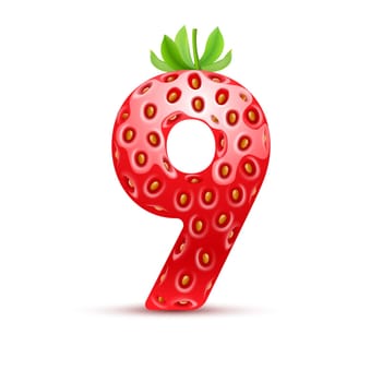 Number nine in strawberry style with green leaves