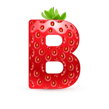 Letter B in strawberry style with green leaves