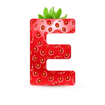Letter E in strawberry style with green leaves