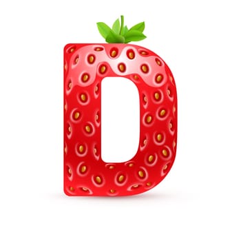 Letter D in strawberry style with green leaves