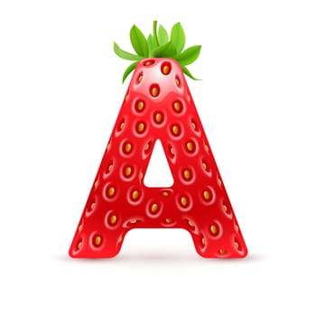 Letter A in strawberry style with green leaves