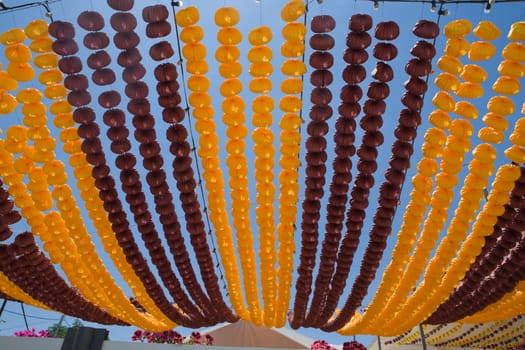 Blue Sky full of colorful paper Lanterns, Cordoba fair, Spain