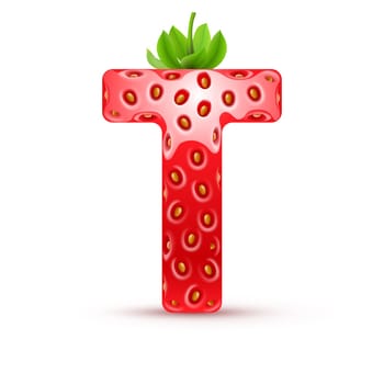 Letter T in strawberry style with green leaves