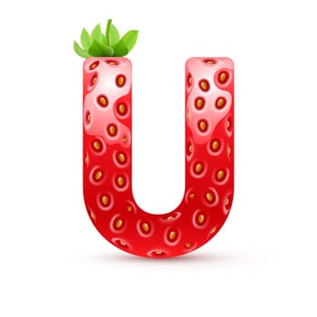 Letter U in strawberry style with green leaves