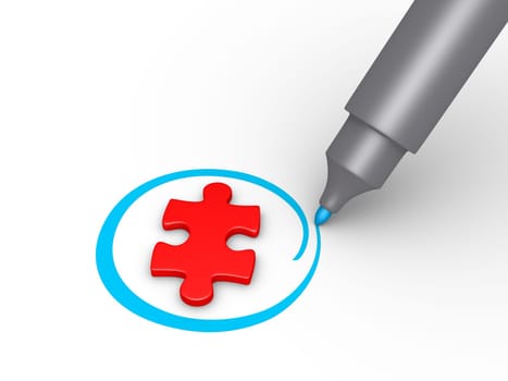 3d puzzle piece is selected with circle by a marker