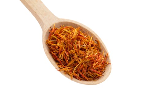 saffron spice in wooden spoon isolation white background