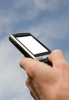 hands with communicator isolated over blue background