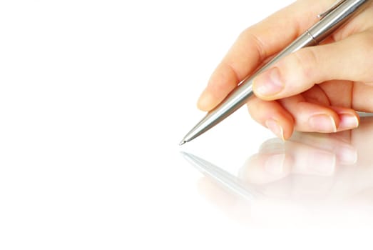 Hand and pen on the white background