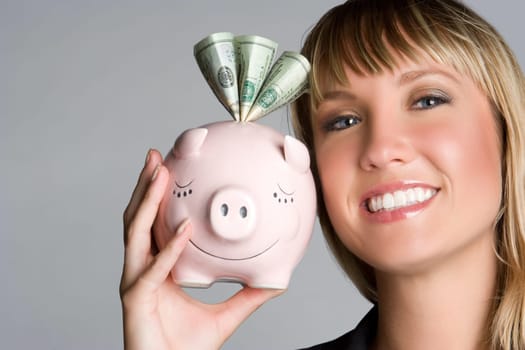 Piggy bank woman saving money