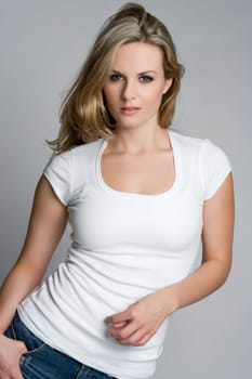 Beautiful white tshirt blond woman