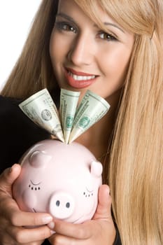 Smiling piggy bank money woman