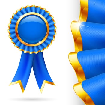 Shiny blue award ribbon with golden edging. Fabric with highly detailed texture